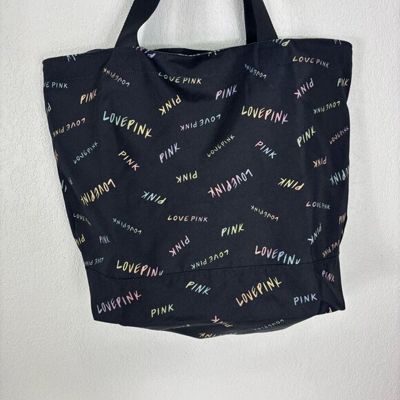 Victoria's Secret Pink Black with Colorful LOVE PINK Rainbow Logos Tote Bag 18 x - Picture 3 of 6